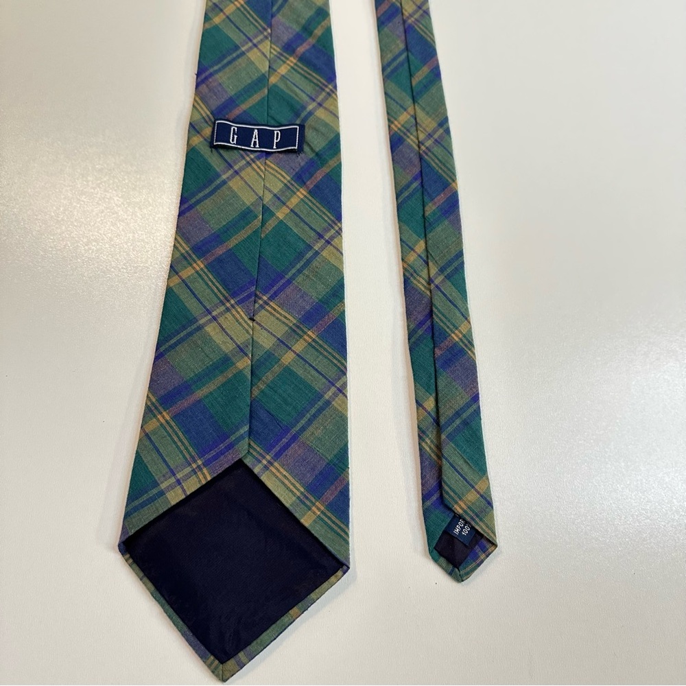 GAP Vintage Plaid Madras Tie in Green Blue and Yellow Fall Plaid Tie Preppy - Picture 7 of 10
